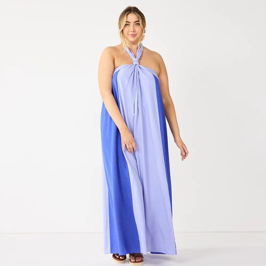 * Plus Size Nine West Halter Neck Colorblock Maxi Dress | Dresses