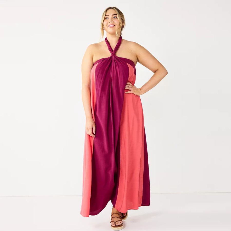 * Plus Size Nine West Halter Neck Colorblock Maxi Dress | Dresses