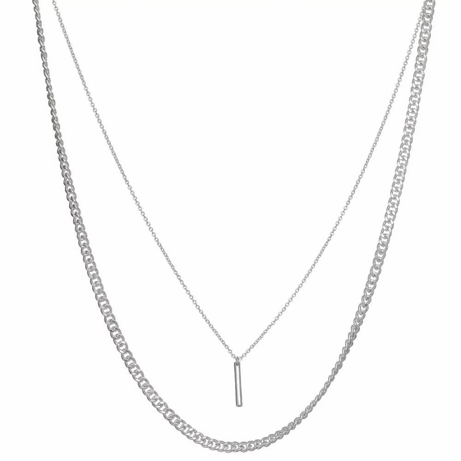 * Nine West Silver Tone Layered Chain Bar Pendant Necklace | Necklaces