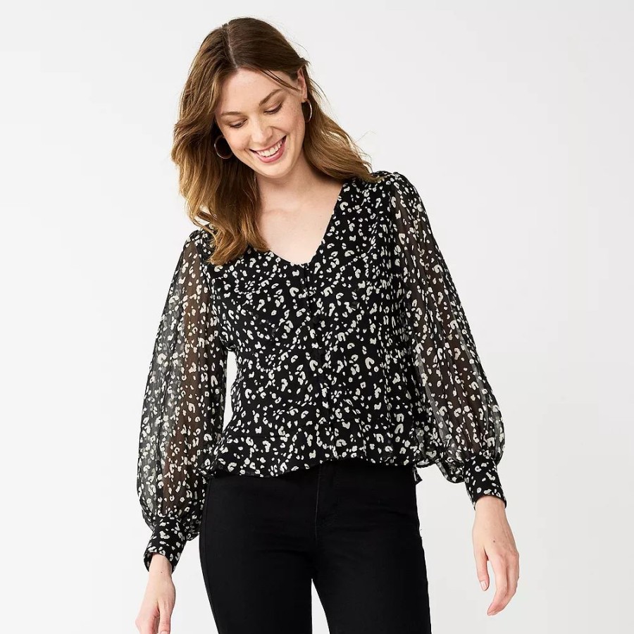 * Petite Nine West Long Sleeve Button-Front V-Neck Blouse | Tops