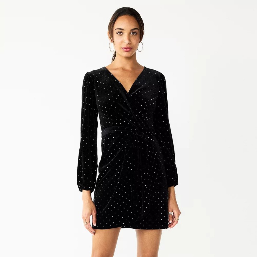 * Women'S Nine West Long Sleeve Velvet Wrap Dress | Dresses