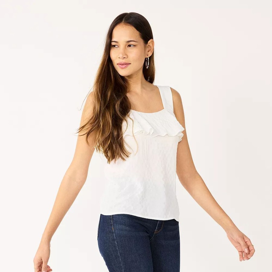 * Women'S Nine West Squareneck Ruffle Tank | Tops