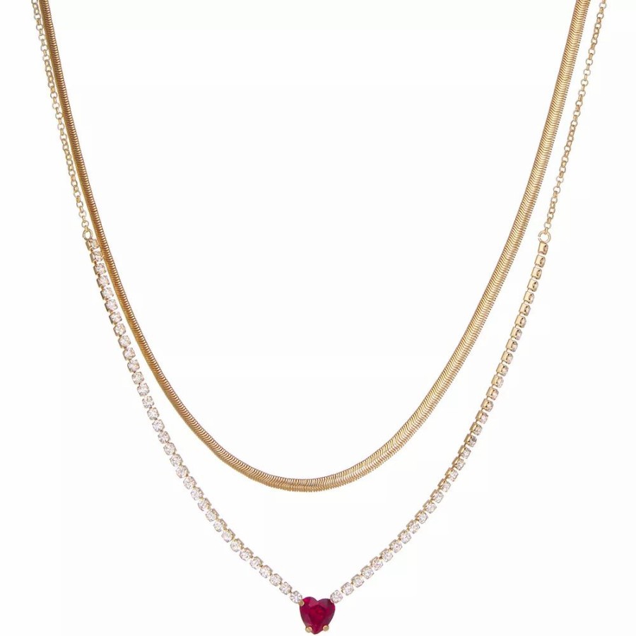 * Nine West Gold Tone Red & Clear Crystal Heart Double-Strand Necklace | Necklaces