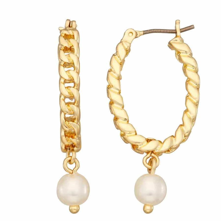 * Nine West Gold Tone Simulated Pearl Link Chain Hoop Earrings | Earrings