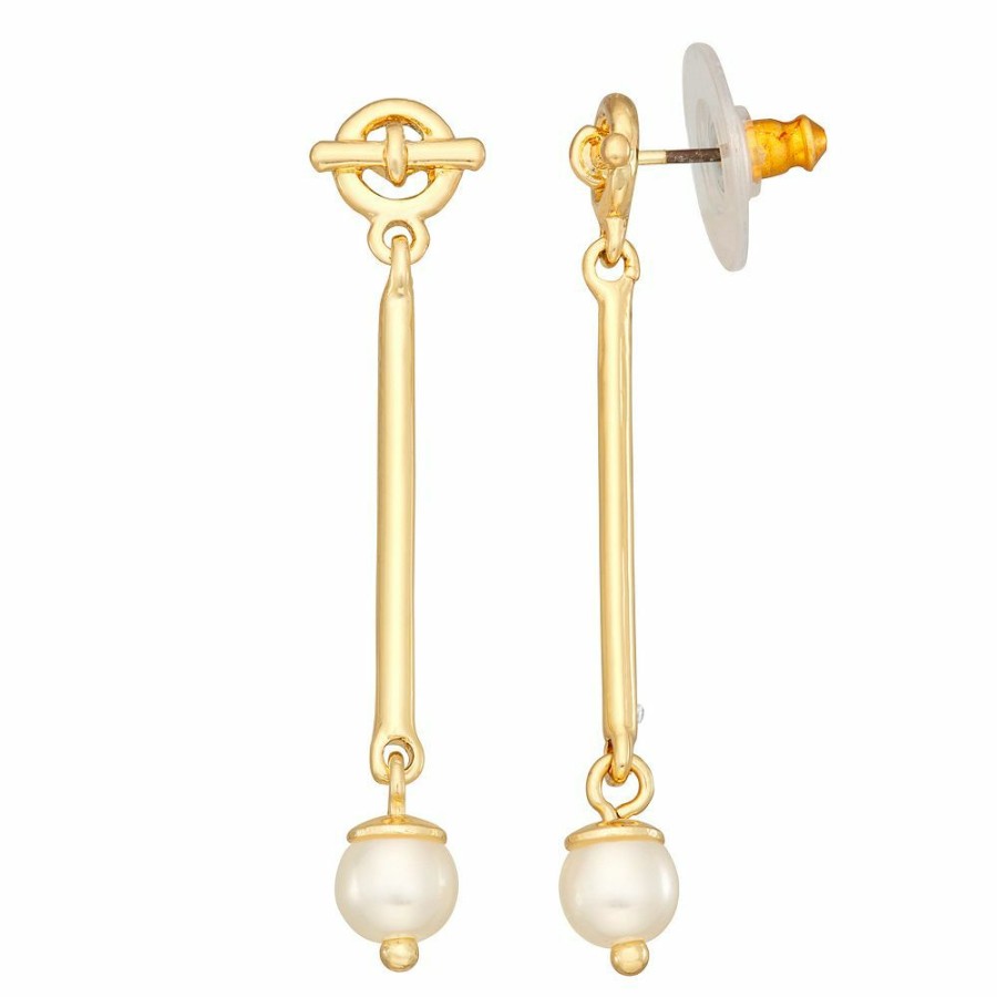 * Nine West Gold Tone Simulated Pearl Linear Drop Earrings | Earrings