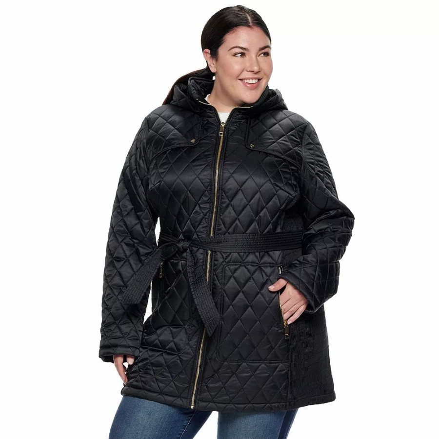 * Plus Size Nine West Hooded Diamond-Quilted Belted Jacket | Outerwear