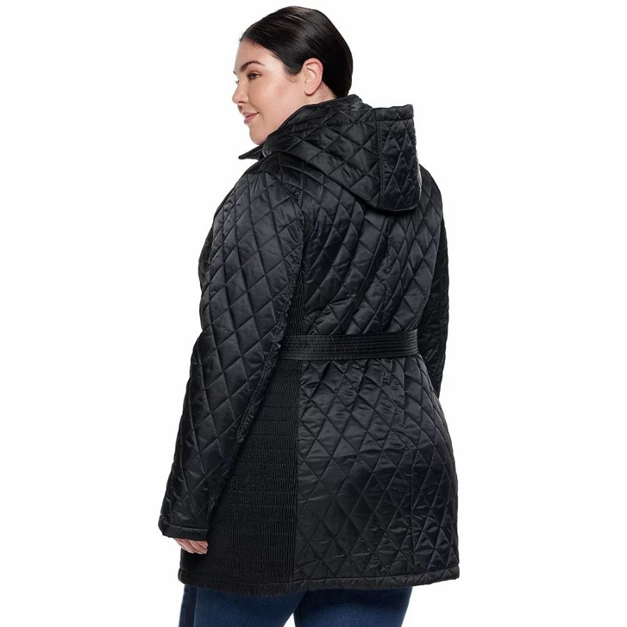 * Plus Size Nine West Hooded Diamond-Quilted Belted Jacket | Outerwear