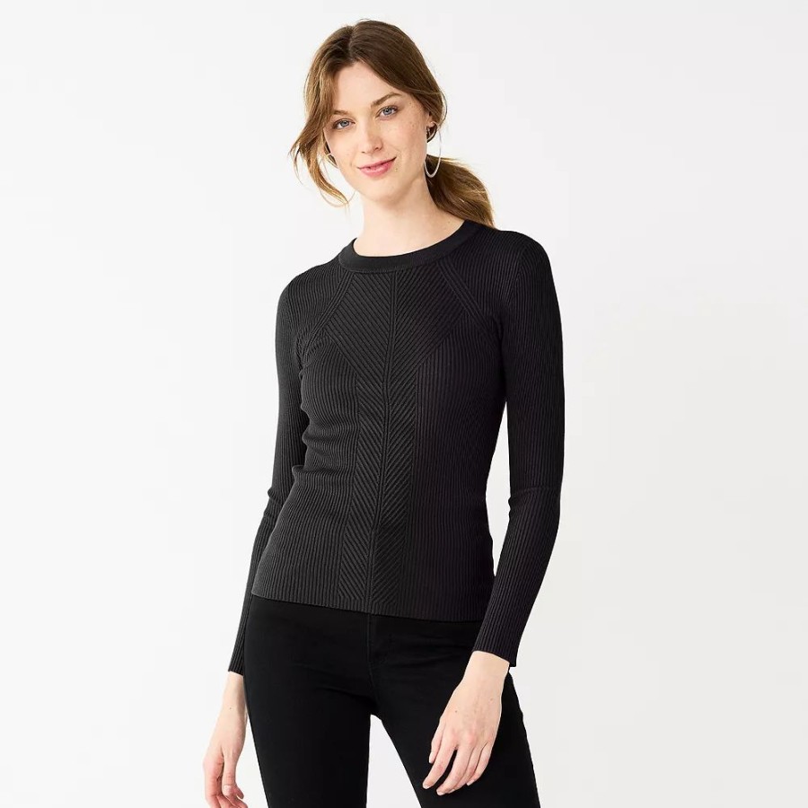 * Women'S Nine West Long Sleeve Rib Crewneck Sweater | Tops