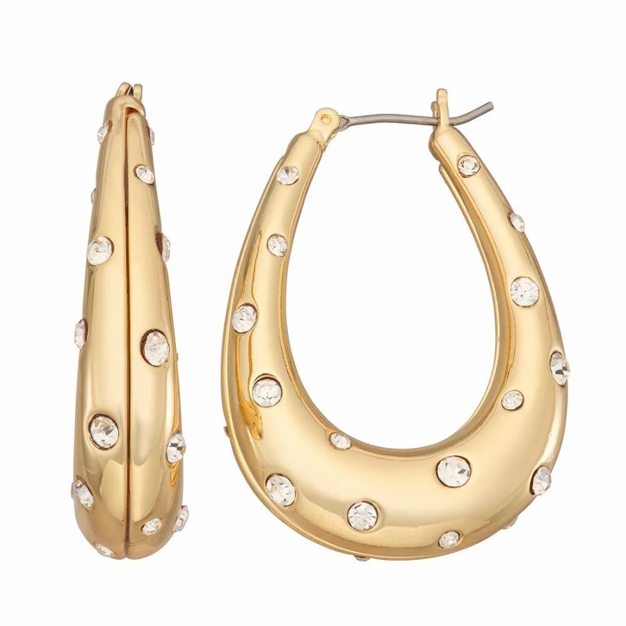 * Nine West Gold Tone Crystal Oval Hoop Earrings | Earrings