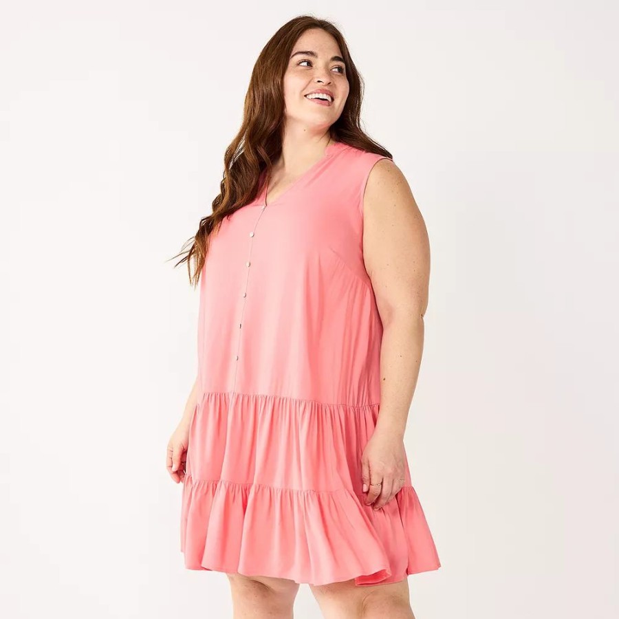 * Plus Size Nine West Sleeveless Button-Front Tiered Drop Waist Dress | Dresses