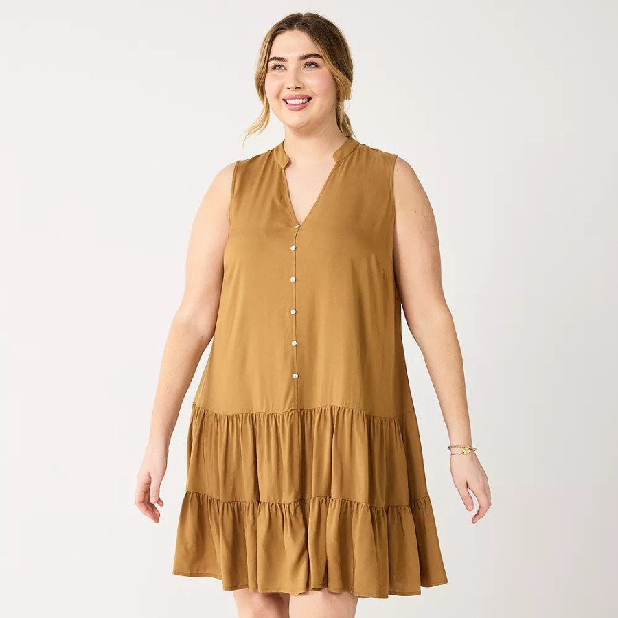 * Plus Size Nine West Sleeveless Button-Front Tiered Drop Waist Dress | Dresses